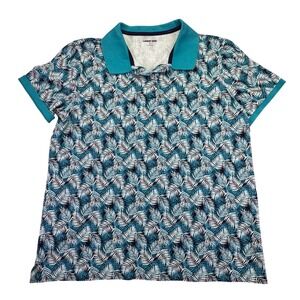 Lands' End Polo Shirt Women's Medium Teal Blue Tropical Palm Leaf Golf White‎